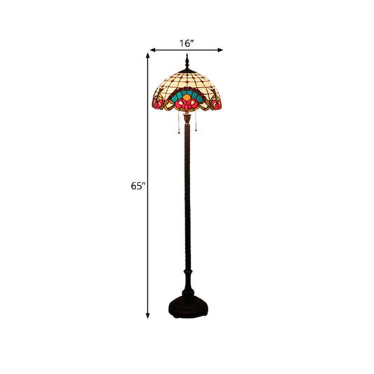 2 Bulbs Standing Light Baroque Dome Shaped Hand Cut Glass Reading Floor Lamp in Black with Pull Chain Clearhalo 'Floor Lamps' 'Lamps' Lighting' 1711577