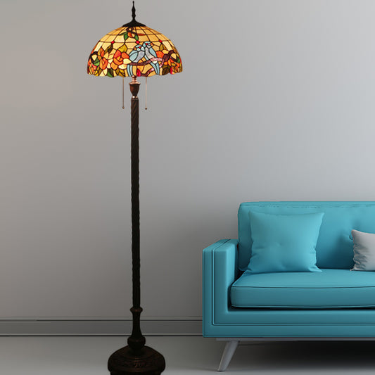 Copper 2 Lights Standing Lamp Victorian Cut Glass Flower and Bird Floor Reading Light with Bowl Shade Copper Clearhalo 'Floor Lamps' 'Lamps' Lighting' 1711578