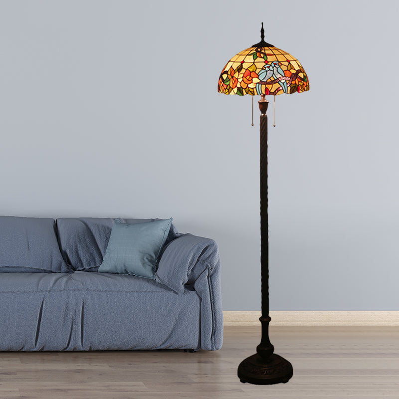 Copper 2 Lights Standing Lamp Victorian Cut Glass Flower and Bird Floor Reading Light with Bowl Shade Clearhalo 'Floor Lamps' 'Lamps' Lighting' 1711579