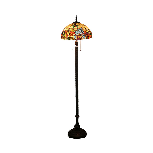 Copper 2 Lights Standing Lamp Victorian Cut Glass Flower and Bird Floor Reading Light with Bowl Shade Clearhalo 'Floor Lamps' 'Lamps' Lighting' 1711580