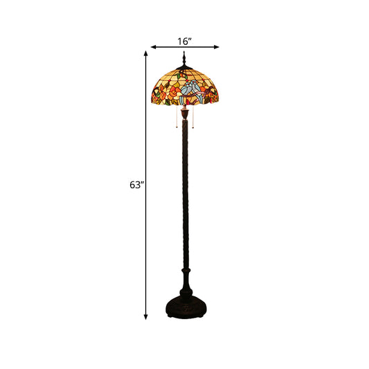 Copper 2 Lights Standing Lamp Victorian Cut Glass Flower and Bird Floor Reading Light with Bowl Shade Clearhalo 'Floor Lamps' 'Lamps' Lighting' 1711581