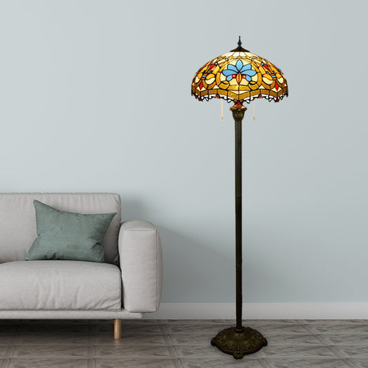 Scalloped Dome Stained Glass Floor Lamp Tiffany 2 Lights Brass Finish Standing Floor Lighting with Pull Chain Clearhalo 'Floor Lamps' 'Lamps' Lighting' 1711583