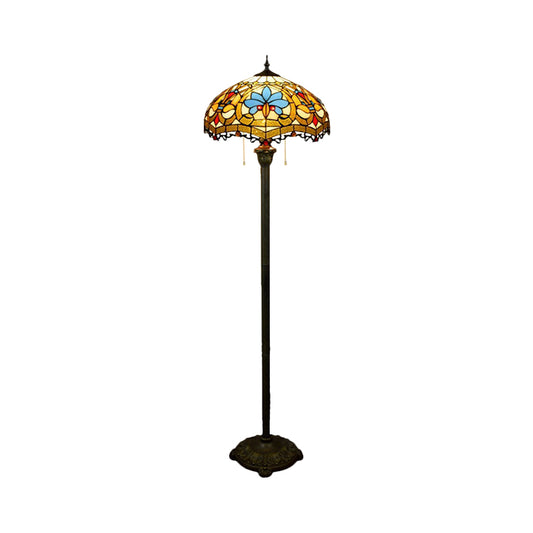 Scalloped Dome Stained Glass Floor Lamp Tiffany 2 Lights Brass Finish Standing Floor Lighting with Pull Chain Clearhalo 'Floor Lamps' 'Lamps' Lighting' 1711584