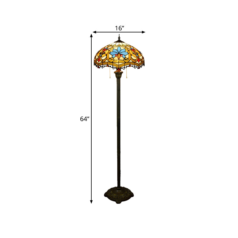 Scalloped Dome Stained Glass Floor Lamp Tiffany 2 Lights Brass Finish Standing Floor Lighting with Pull Chain Clearhalo 'Floor Lamps' 'Lamps' Lighting' 1711585