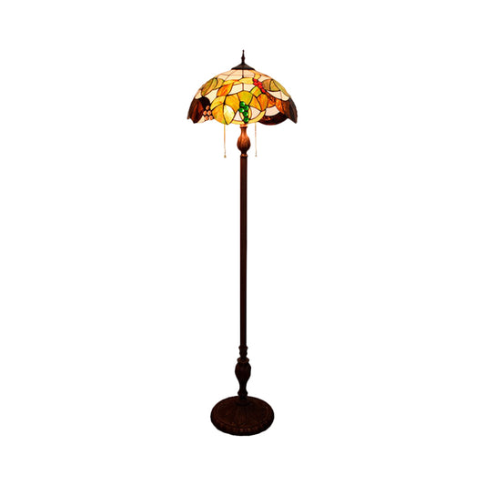 Cut Glass Copper Floor Lighting Scalloped 3 Bulbs Mediterranean Stand Up Lamp with Leaf and Grape Pattern Clearhalo 'Floor Lamps' 'Lamps' Lighting' 1711588