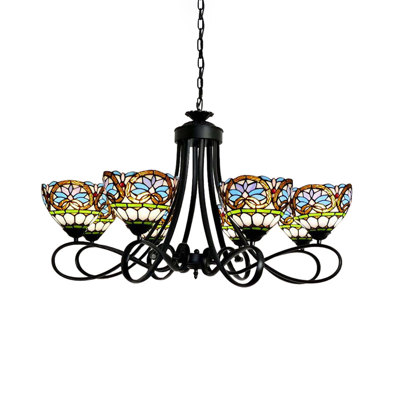 Bowl Pendant Lighting 6 Lights Stained Glass Victorian Chandelier Light in Black Finish with Adjustable Chain Clearhalo 'Ceiling Lights' 'Chandeliers' 'Industrial' 'Middle Century Chandeliers' 'Pendant Lights' 'Tiffany Chandeliers' 'Tiffany close to ceiling' 'Tiffany' Lighting' 171159