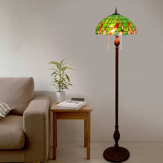 3-Bulb Living Room Floor Light Baroque Green Pull Chain Standing Lamp with Dome Stained Glass Shade Green Clearhalo 'Floor Lamps' 'Lamps' Lighting' 1711590