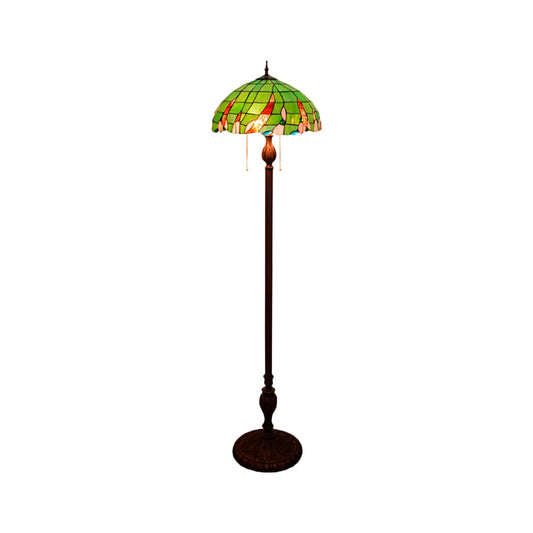 3-Bulb Living Room Floor Light Baroque Green Pull Chain Standing Lamp with Dome Stained Glass Shade Clearhalo 'Floor Lamps' 'Lamps' Lighting' 1711592