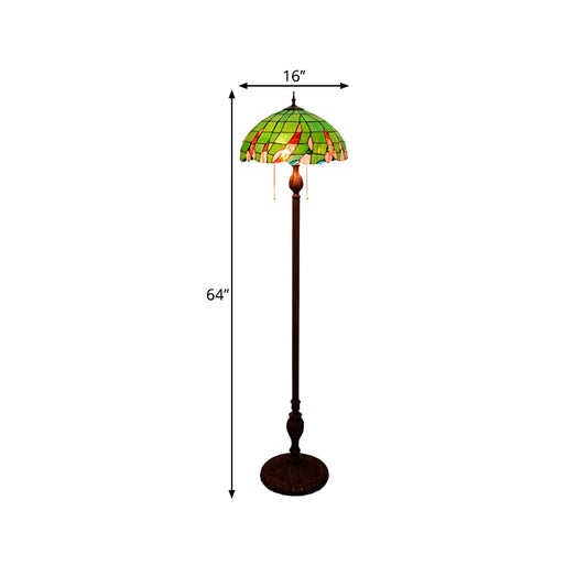 3-Bulb Living Room Floor Light Baroque Green Pull Chain Standing Lamp with Dome Stained Glass Shade Clearhalo 'Floor Lamps' 'Lamps' Lighting' 1711593