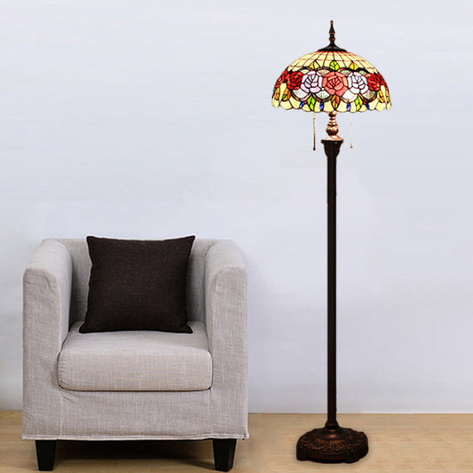 Rose Floor Standing Lamp Victorian Stained Glass 2 Heads Green Reading Floor Lighting with Dome Shade Clearhalo 'Floor Lamps' 'Lamps' Lighting' 1711599