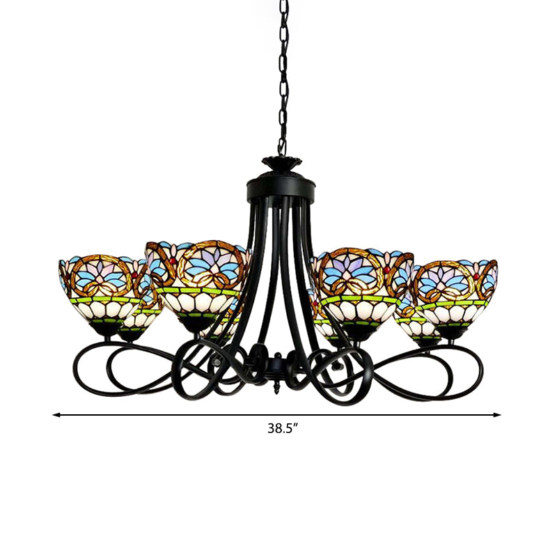 Bowl Pendant Lighting 6 Lights Stained Glass Victorian Chandelier Light in Black Finish with Adjustable Chain Clearhalo 'Ceiling Lights' 'Chandeliers' 'Industrial' 'Middle Century Chandeliers' 'Pendant Lights' 'Tiffany Chandeliers' 'Tiffany close to ceiling' 'Tiffany' Lighting' 171160