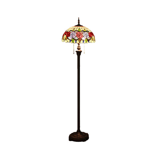 Rose Floor Standing Lamp Victorian Stained Glass 2 Heads Green Reading Floor Lighting with Dome Shade Clearhalo 'Floor Lamps' 'Lamps' Lighting' 1711600