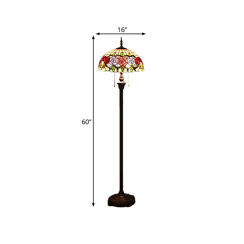 Rose Floor Standing Lamp Victorian Stained Glass 2 Heads Green Reading Floor Lighting with Dome Shade Clearhalo 'Floor Lamps' 'Lamps' Lighting' 1711601