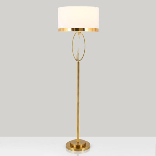Brass Drum Stand Up Lamp Classic Fabric 1 Light Living Room Reading Floor Lighting with Circle Design Clearhalo 'Floor Lamps' 'Lamps' Lighting' 1711630