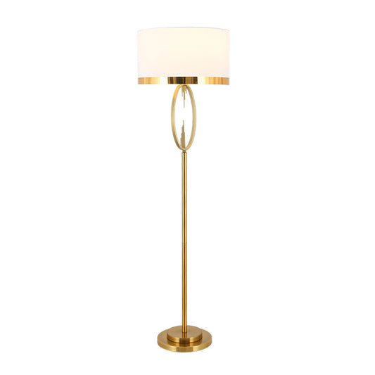 Brass Drum Stand Up Lamp Classic Fabric 1 Light Living Room Reading Floor Lighting with Circle Design Clearhalo 'Floor Lamps' 'Lamps' Lighting' 1711631