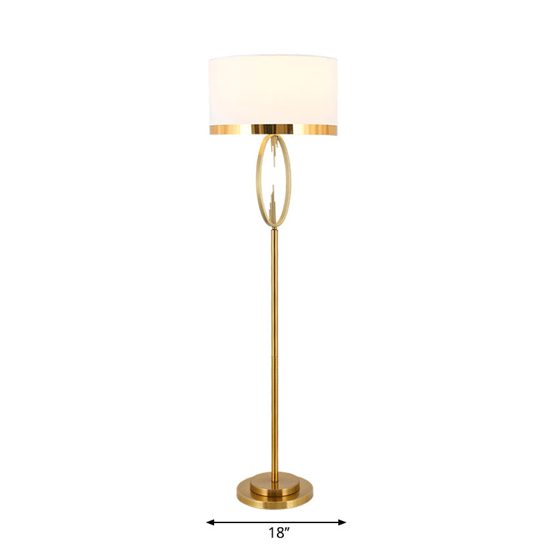 Brass Drum Stand Up Lamp Classic Fabric 1 Light Living Room Reading Floor Lighting with Circle Design Clearhalo 'Floor Lamps' 'Lamps' Lighting' 1711632