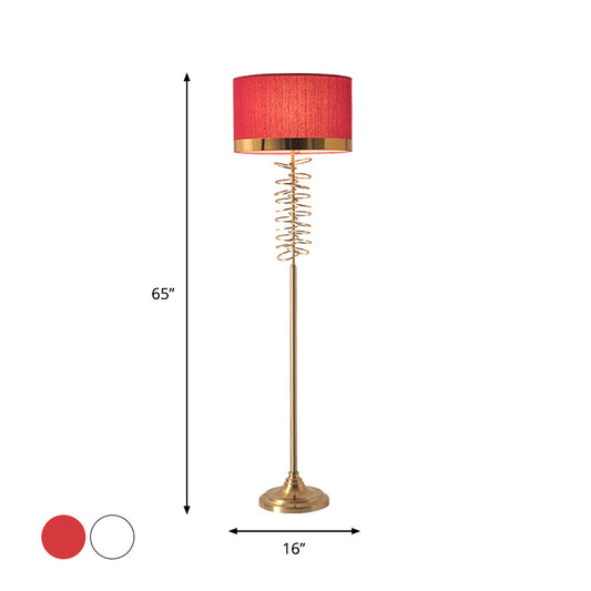 Fabric White/Red Floor Light Drum Single Head Antique Stand Up Lamp with Rings Deco for Parlor Clearhalo 'Floor Lamps' 'Lamps' Lighting' 1711636