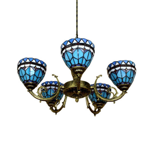 5 Heads Bowl Chandelier Lighting Mediterranean Stained Glass Pendant Lamp in Blue Clearhalo 'Ceiling Lights' 'Chandeliers' 'Close To Ceiling Lights' 'Industrial' 'Middle Century Chandeliers' 'Tiffany Chandeliers' 'Tiffany close to ceiling' 'Tiffany' Lighting' 171163