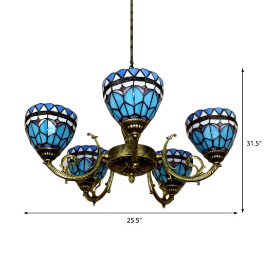 5 Heads Bowl Chandelier Lighting Mediterranean Stained Glass Pendant Lamp in Blue Clearhalo 'Ceiling Lights' 'Chandeliers' 'Close To Ceiling Lights' 'Industrial' 'Middle Century Chandeliers' 'Tiffany Chandeliers' 'Tiffany close to ceiling' 'Tiffany' Lighting' 171164