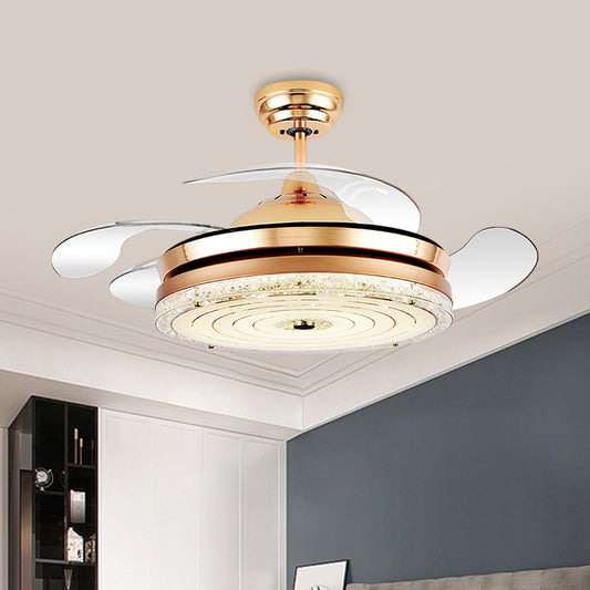 4-Blade Circle Ceiling Fan Light Minimalism Cut Crystal 19" Wide LED Restaurant Semi Mount Lighting in White/Gold Gold Clearhalo 'Ceiling Fans with Lights' 'Ceiling Fans' 'Modern Ceiling Fans' 'Modern' Lighting' 1711661