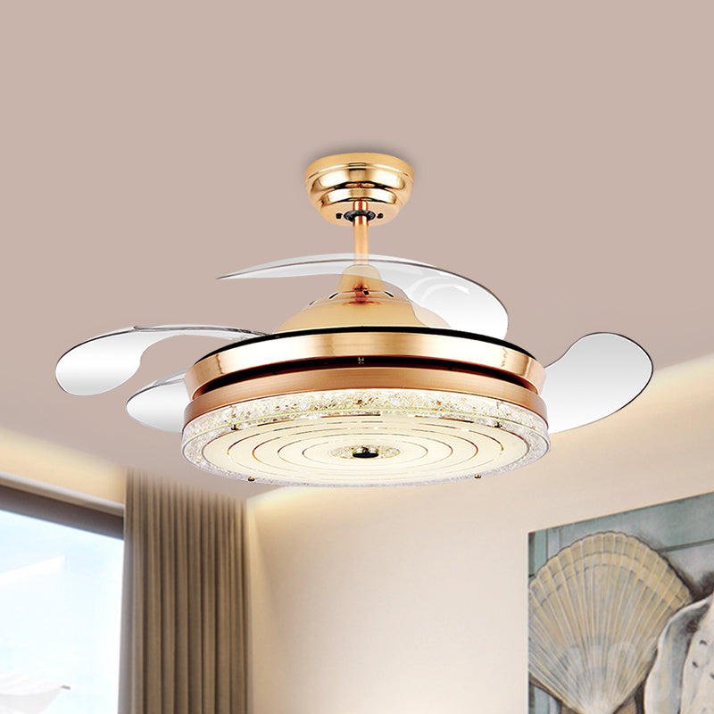 4-Blade Circle Ceiling Fan Light Minimalism Cut Crystal 19" Wide LED Restaurant Semi Mount Lighting in White/Gold Clearhalo 'Ceiling Fans with Lights' 'Ceiling Fans' 'Modern Ceiling Fans' 'Modern' Lighting' 1711662
