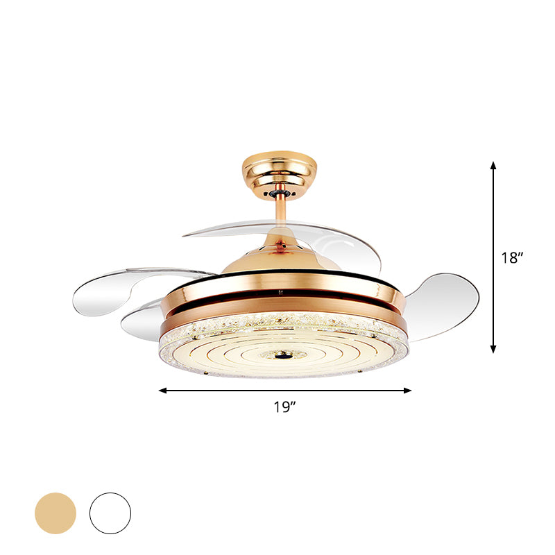 4-Blade Circle Ceiling Fan Light Minimalism Cut Crystal 19" Wide LED Restaurant Semi Mount Lighting in White/Gold Clearhalo 'Ceiling Fans with Lights' 'Ceiling Fans' 'Modern Ceiling Fans' 'Modern' Lighting' 1711664