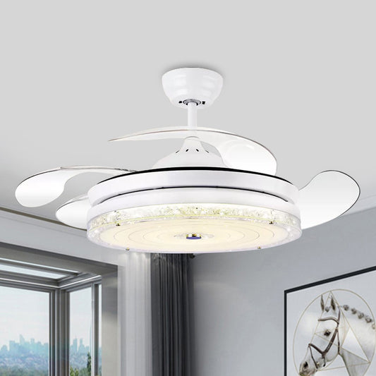 4-Blade Circle Ceiling Fan Light Minimalism Cut Crystal 19" Wide LED Restaurant Semi Mount Lighting in White/Gold White Clearhalo 'Ceiling Fans with Lights' 'Ceiling Fans' 'Modern Ceiling Fans' 'Modern' Lighting' 1711665