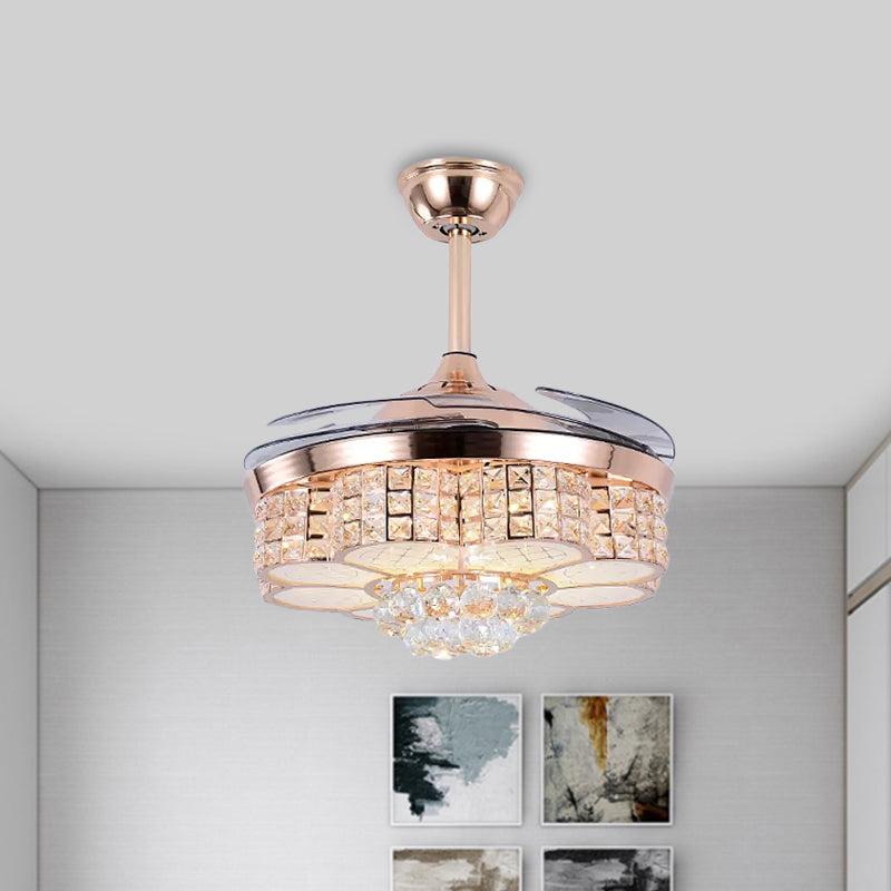 19" W LED Parlor Semi Flush Mount Simple Rose Gold 4-Blade Hanging fan Light with Floral Crystal Block Shade Rose Gold Clearhalo 'Ceiling Fans with Lights' 'Ceiling Fans' 'Modern Ceiling Fans' 'Modern' Lighting' 1711669