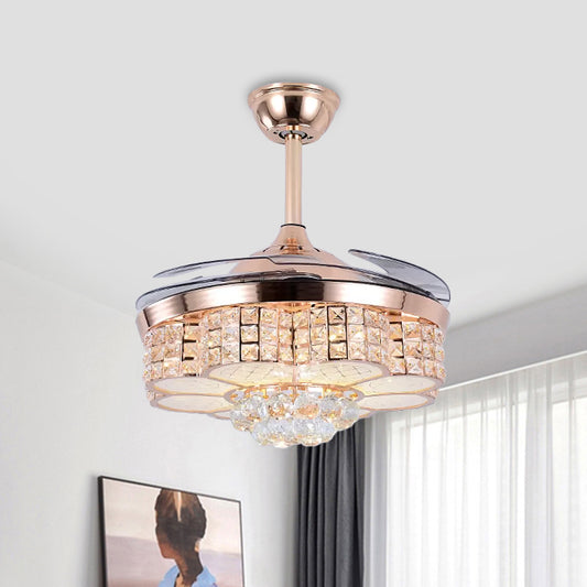 19" W LED Parlor Semi Flush Mount Simple Rose Gold 4-Blade Hanging fan Light with Floral Crystal Block Shade Clearhalo 'Ceiling Fans with Lights' 'Ceiling Fans' 'Modern Ceiling Fans' 'Modern' Lighting' 1711670