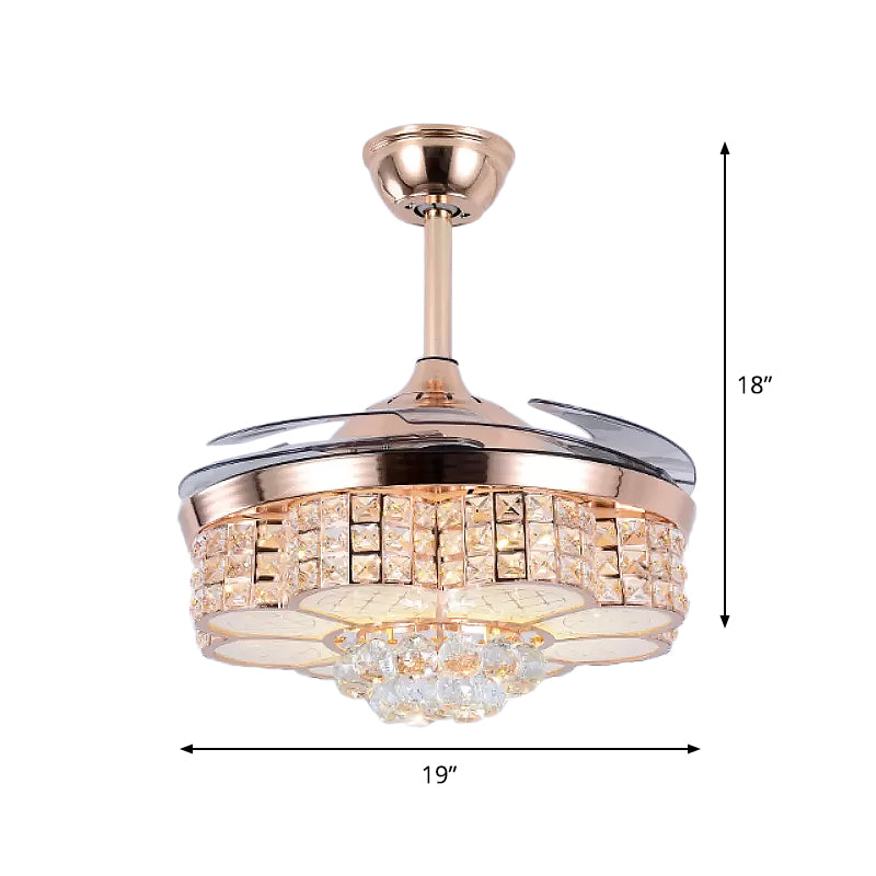 19" W LED Parlor Semi Flush Mount Simple Rose Gold 4-Blade Hanging fan Light with Floral Crystal Block Shade Clearhalo 'Ceiling Fans with Lights' 'Ceiling Fans' 'Modern Ceiling Fans' 'Modern' Lighting' 1711672