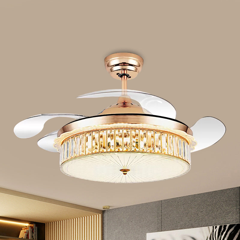 Drum Pendant Fan Lamp Fixture Minimalist Crystal Rectangle Silver/Gold 19" Width LED Semi Flush with 4-Blade Clearhalo 'Ceiling Fans with Lights' 'Ceiling Fans' 'Modern Ceiling Fans' 'Modern' Lighting' 1711674