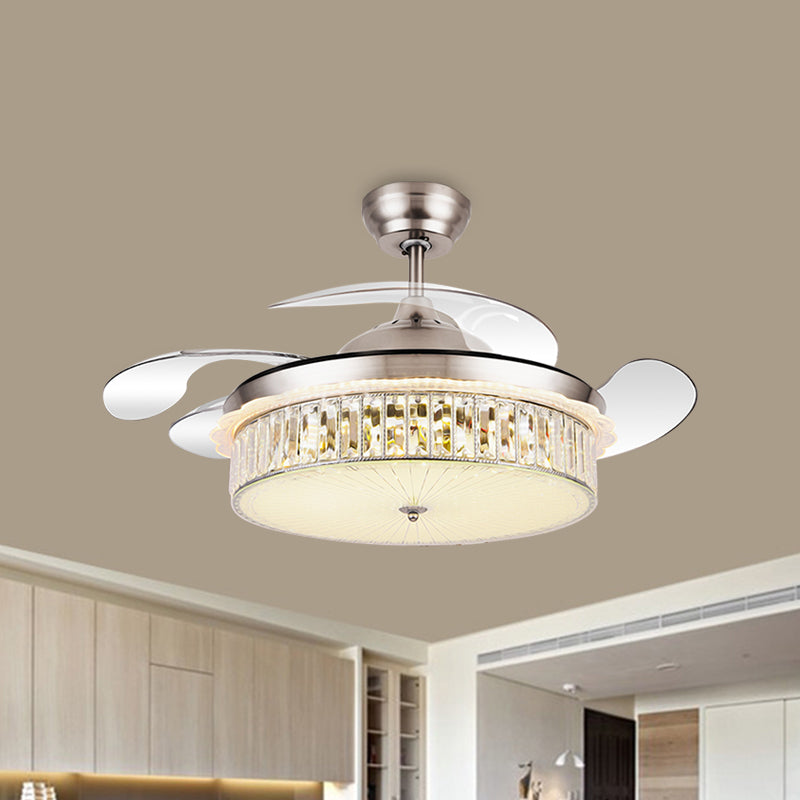Drum Pendant Fan Lamp Fixture Minimalist Crystal Rectangle Silver/Gold 19" Width LED Semi Flush with 4-Blade Clearhalo 'Ceiling Fans with Lights' 'Ceiling Fans' 'Modern Ceiling Fans' 'Modern' Lighting' 1711678