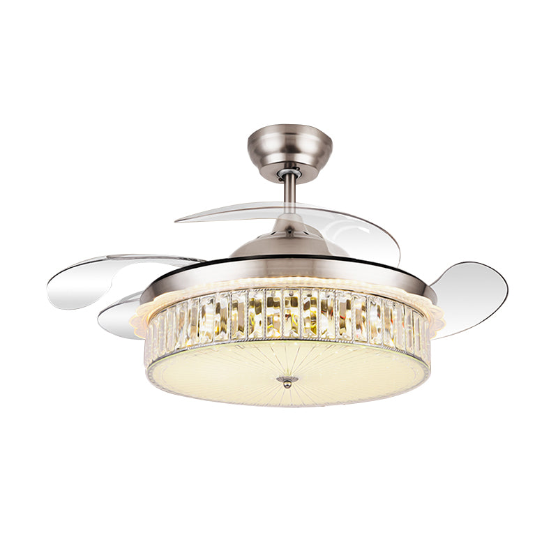 Drum Pendant Fan Lamp Fixture Minimalist Crystal Rectangle Silver/Gold 19" Width LED Semi Flush with 4-Blade Clearhalo 'Ceiling Fans with Lights' 'Ceiling Fans' 'Modern Ceiling Fans' 'Modern' Lighting' 1711680