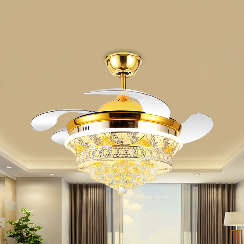 4 Blades Modern Cone Semi Flush Light Crystal Ball LED Bedroom Ceiling Fan Lamp with Floral Design in Gold, 19" Wide Gold Clearhalo 'Ceiling Fans with Lights' 'Ceiling Fans' 'Modern Ceiling Fans' 'Modern' Lighting' 1711681