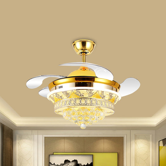 4 Blades Modern Cone Semi Flush Light Crystal Ball LED Bedroom Ceiling Fan Lamp with Floral Design in Gold, 19" Wide Clearhalo 'Ceiling Fans with Lights' 'Ceiling Fans' 'Modern Ceiling Fans' 'Modern' Lighting' 1711682