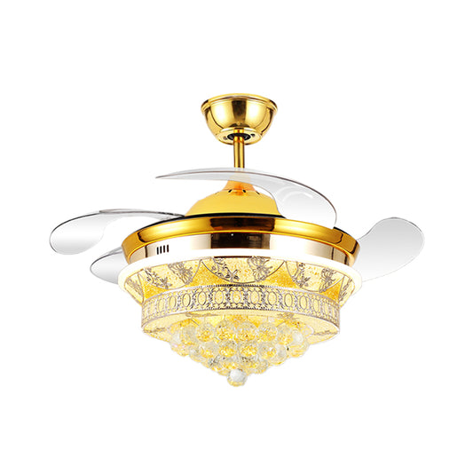 4 Blades Modern Cone Semi Flush Light Crystal Ball LED Bedroom Ceiling Fan Lamp with Floral Design in Gold, 19" Wide Clearhalo 'Ceiling Fans with Lights' 'Ceiling Fans' 'Modern Ceiling Fans' 'Modern' Lighting' 1711683