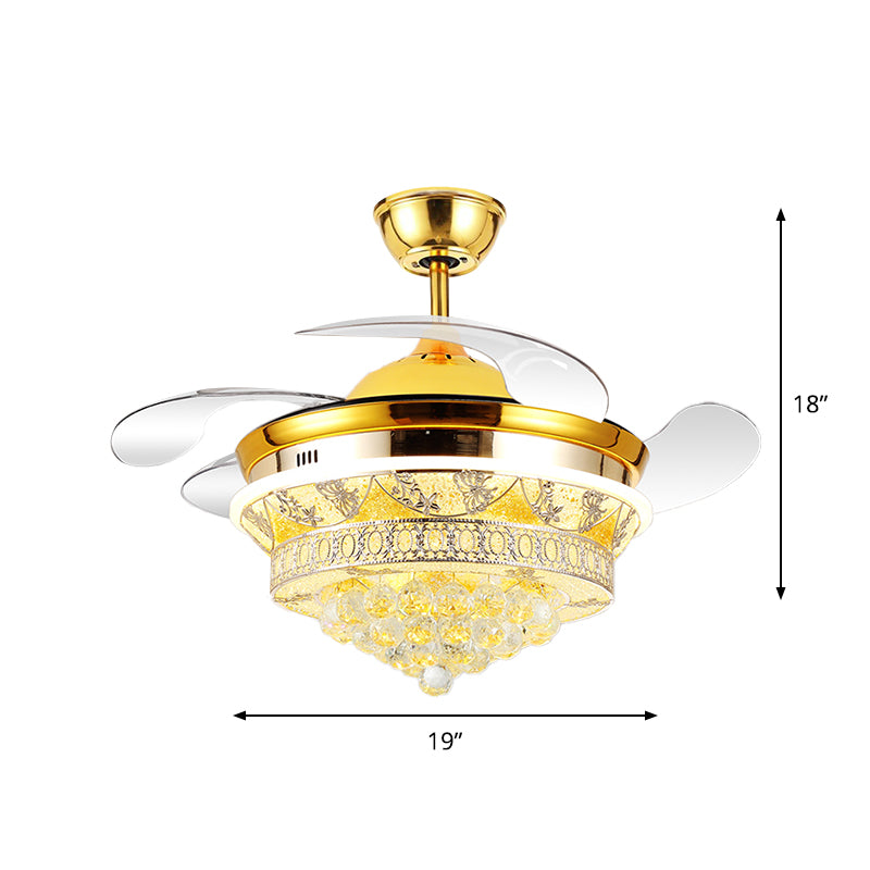 4 Blades Modern Cone Semi Flush Light Crystal Ball LED Bedroom Ceiling Fan Lamp with Floral Design in Gold, 19" Wide Clearhalo 'Ceiling Fans with Lights' 'Ceiling Fans' 'Modern Ceiling Fans' 'Modern' Lighting' 1711684