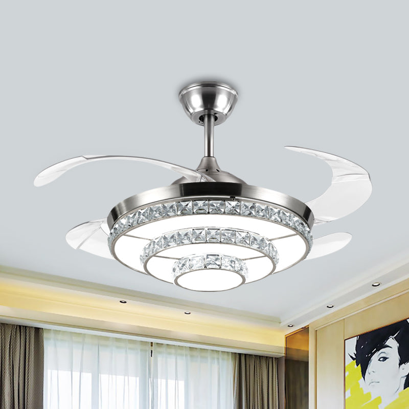 19" W Modernism LED Ceiling Fan Lamp Silver 3-Tier Semi Flush Mount Light with Crystal Block Shade, 4 Blades Silver Clearhalo 'Ceiling Fans with Lights' 'Ceiling Fans' 'Modern Ceiling Fans' 'Modern' Lighting' 1711689