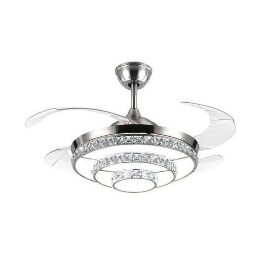 19" W Modernism LED Ceiling Fan Lamp Silver 3-Tier Semi Flush Mount Light with Crystal Block Shade, 4 Blades Clearhalo 'Ceiling Fans with Lights' 'Ceiling Fans' 'Modern Ceiling Fans' 'Modern' Lighting' 1711691