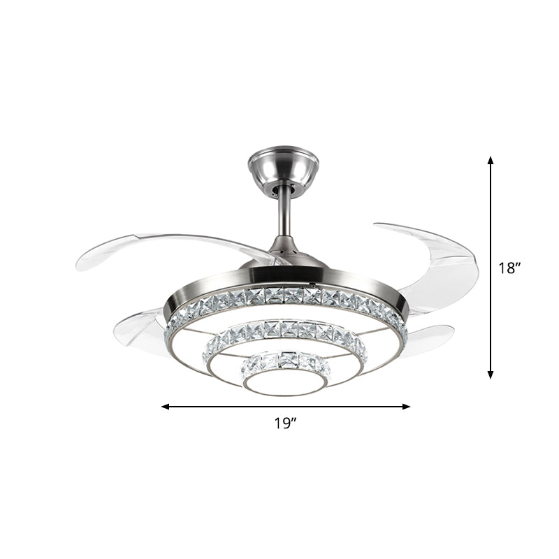 19" W Modernism LED Ceiling Fan Lamp Silver 3-Tier Semi Flush Mount Light with Crystal Block Shade, 4 Blades Clearhalo 'Ceiling Fans with Lights' 'Ceiling Fans' 'Modern Ceiling Fans' 'Modern' Lighting' 1711692