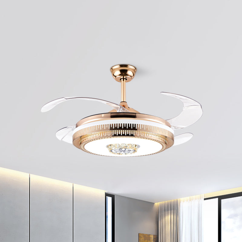 Gold LED Round Semi Mount Lighting Modernist Metallic 4-Blade Pendant Fan Light Fixture, 19" Width Gold Clearhalo 'Ceiling Fans with Lights' 'Ceiling Fans' 'Modern Ceiling Fans' 'Modern' Lighting' 1711693