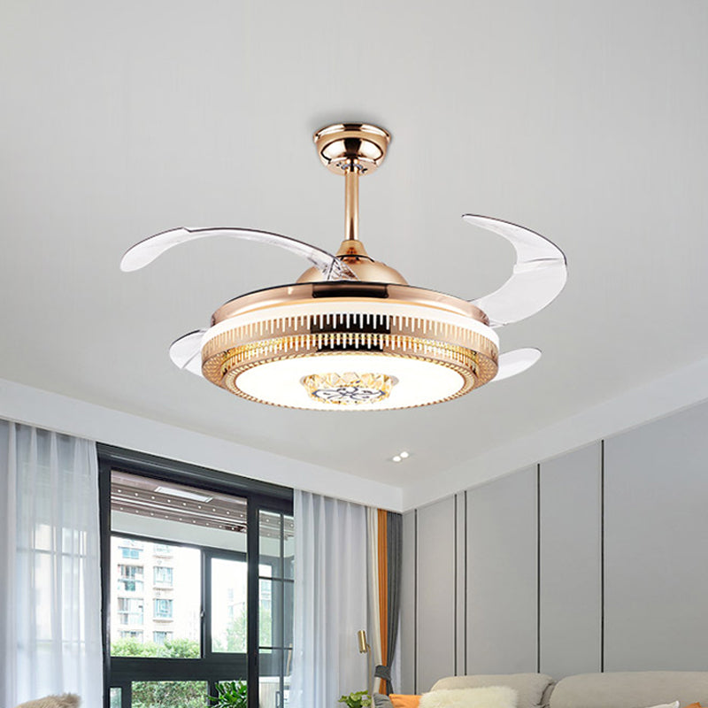 Gold LED Round Semi Mount Lighting Modernist Metallic 4-Blade Pendant Fan Light Fixture, 19" Width Clearhalo 'Ceiling Fans with Lights' 'Ceiling Fans' 'Modern Ceiling Fans' 'Modern' Lighting' 1711694