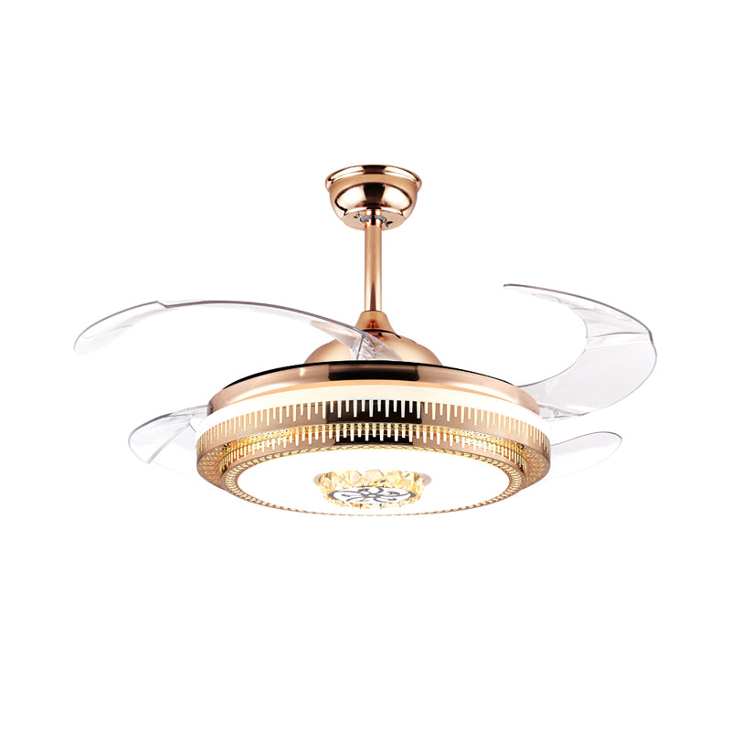 Gold LED Round Semi Mount Lighting Modernist Metallic 4-Blade Pendant Fan Light Fixture, 19" Width Clearhalo 'Ceiling Fans with Lights' 'Ceiling Fans' 'Modern Ceiling Fans' 'Modern' Lighting' 1711695
