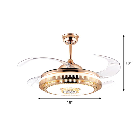 Gold LED Round Semi Mount Lighting Modernist Metallic 4-Blade Pendant Fan Light Fixture, 19" Width Clearhalo 'Ceiling Fans with Lights' 'Ceiling Fans' 'Modern Ceiling Fans' 'Modern' Lighting' 1711696