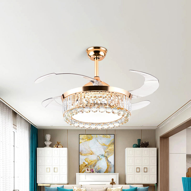 Round Bedroom Hanging Fan Lamp Crystal Prisms and Orbs 19" W LED Modernism Semi Flush Light in Gold, 4-Blade Clearhalo 'Ceiling Fans with Lights' 'Ceiling Fans' 'Modern Ceiling Fans' 'Modern' Lighting' 1711698