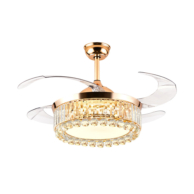 Round Bedroom Hanging Fan Lamp Crystal Prisms and Orbs 19" W LED Modernism Semi Flush Light in Gold, 4-Blade Clearhalo 'Ceiling Fans with Lights' 'Ceiling Fans' 'Modern Ceiling Fans' 'Modern' Lighting' 1711699