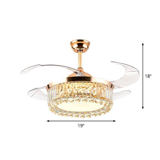 Round Bedroom Hanging Fan Lamp Crystal Prisms and Orbs 19" W LED Modernism Semi Flush Light in Gold, 4-Blade Clearhalo 'Ceiling Fans with Lights' 'Ceiling Fans' 'Modern Ceiling Fans' 'Modern' Lighting' 1711700