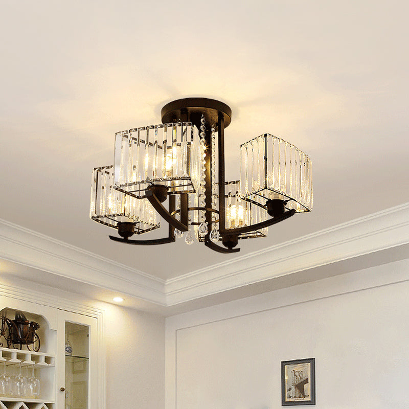 Simple Style 5 Heads Ceiling Lighting Black Cuboid Semi Flush Chandelier with Clear Crystal Shade Black Clearhalo 'Ceiling Lights' 'Close To Ceiling Lights' 'Close to ceiling' 'Semi-flushmount' Lighting' 1711845