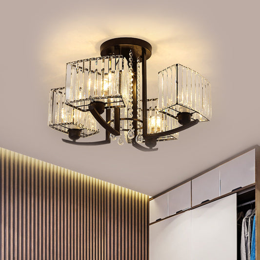 Simple Style 5 Heads Ceiling Lighting Black Cuboid Semi Flush Chandelier with Clear Crystal Shade Clearhalo 'Ceiling Lights' 'Close To Ceiling Lights' 'Close to ceiling' 'Semi-flushmount' Lighting' 1711846