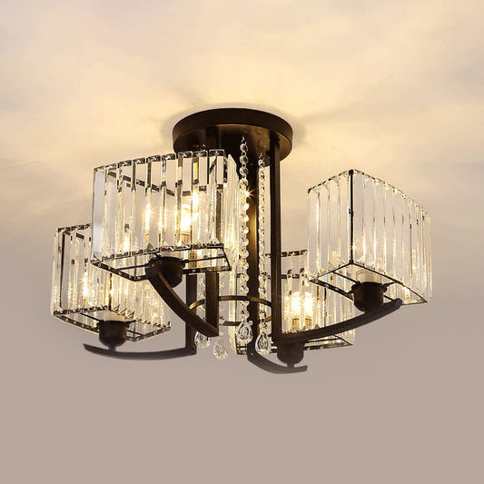 Simple Style 5 Heads Ceiling Lighting Black Cuboid Semi Flush Chandelier with Clear Crystal Shade Clearhalo 'Ceiling Lights' 'Close To Ceiling Lights' 'Close to ceiling' 'Semi-flushmount' Lighting' 1711847